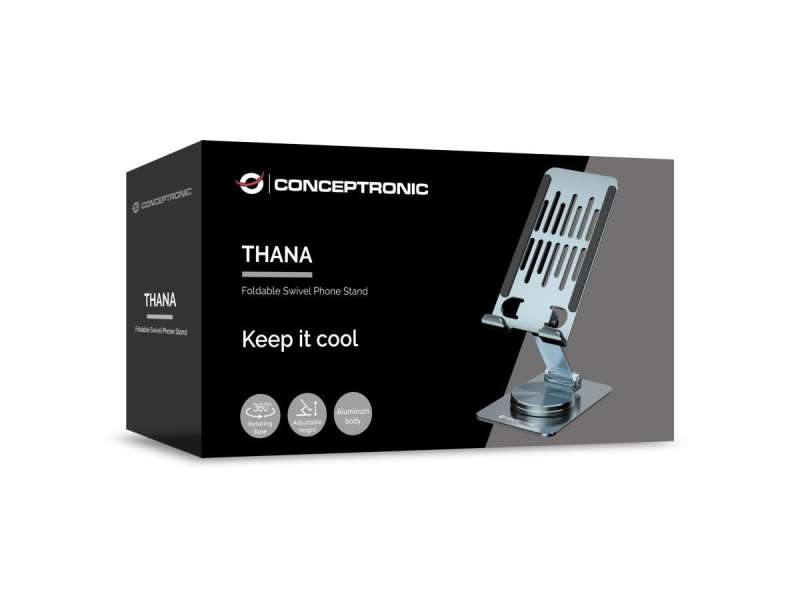 Conceptronic  THANA08G Foldable Swivel Phone Stand 360° Rotating Base Adjustable Height Grey
