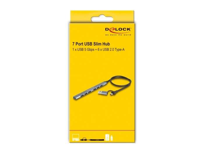 DeLock 7 Port Slim USB Hub with USB Type-C or USB Type-A to 1x USB 5 Gbps Type-A + 6x USB 2.0 Type-A