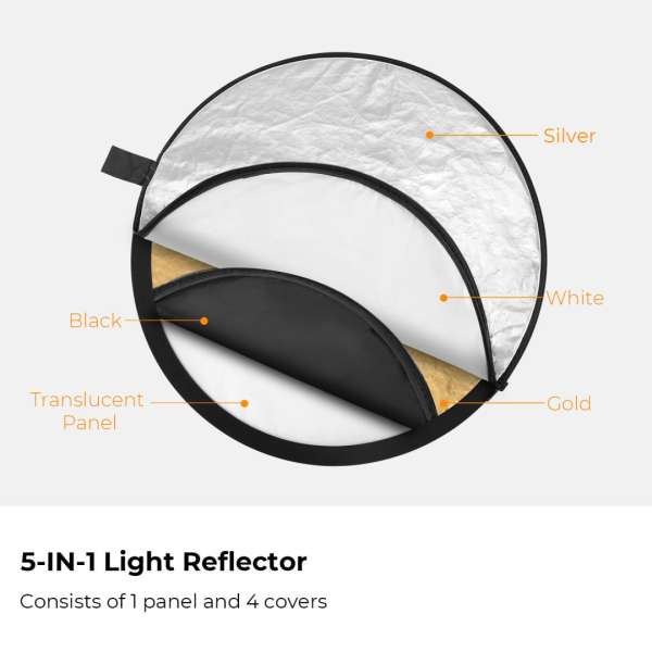K&F Concept 5in1 derítőlap, reflektor, 110cm (fehér, fekete, arany, ezüst, transparens) + hordtáska