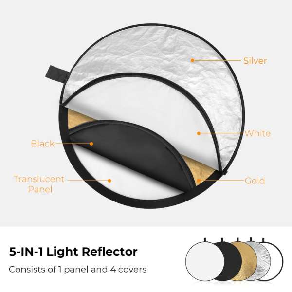 K&F Concept 5in1 derítőlap, reflektor, 56cm (fehér, fekete, arany, ezüst, transparens) + hordtáska